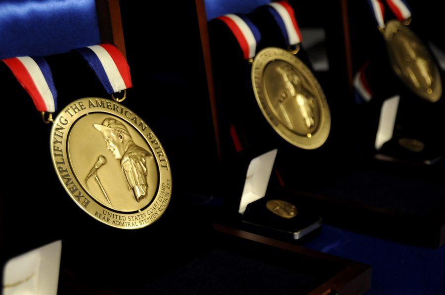WASHINGTON D.C. -  The 2009 Spirit of Hope medal that will will be given to Coast Guard Rear Adm Stephen Rochon (Ret.) sits on display at the Pentagon Oct. 26, 2010, in Washington D.C. The Spirit of Hope Award is presented for outstanding service to the United States of America to men and women of the Armed Forces, entertainers and other distinguished Americans and organizations whose patriotism and service reflects that of Bob Hope.  U.S. Coast Guard photo by Petty Officer 2nd Class Patrick Kelley.